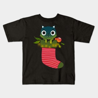 Black cat in a christmas stocking Kids T-Shirt